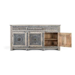 GINER Y COLOMER Buffet blanc et bleu avec 3 tiroirs et 4 portes en bois de manguier massif, finition lavée, artisanat sculpté, dimensions: 50 cm de large
