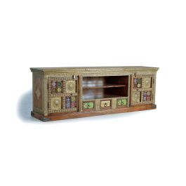 GINER Y COLOMER Meuble TV en acacia massif couleur cerise avec détails en azulejos et bronze, 2 portes, 3 tiroirs - 60 x 180 x 40 cm