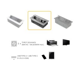 Emuca Multiconnecteur Atom 26 Lite pour bureau, 225x111mm, Peint en aluminium, Zamak et Acier et Plastique.