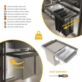 Emuca Kit 2 plateaus auxiliaires, 1 panier et rack ajustable Quartz pour armoires, glissières extension totale et à fermeture douce, Module 80cm, Finition Titane