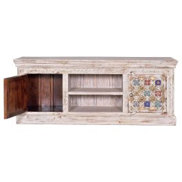 GINER Y COLOMER - Buffet TV en bois de manguier massif sculpté avec incrustations de céramique et bronce, finition blanc vieilli - 150x60x40 cm