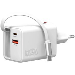 4smarts 541065 Chargeur Secteur GaN 65W, USB-C et USB-A avec Câble Rétractable 0.7m, Charge Rapide PPS et Quick Charge 3.0, Blanc