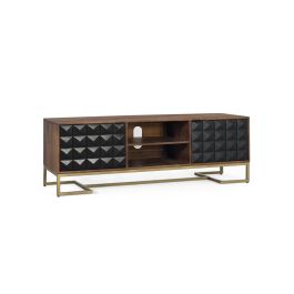 GINER Y COLOMER - Buffet TV en bois de manguier et fer doré, finition noisette et noir, portes avec motif géométrique, dimensions 150 cm