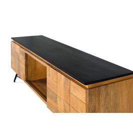GINER Y COLOMER Meuble TV en bois de manguier avec finition naturelle et plateau noir - 150 cm de large avec portes et espace ouvert - Design moderne et élégant