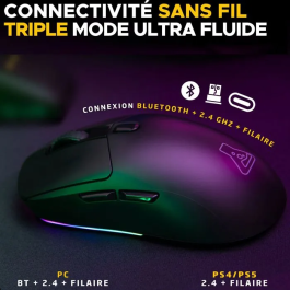 The G-Lab Kult Titan Pro - Souris gamer sans fil et filaire - Capteur 12000 DPI - RGB - Connexion 2.4 GHz/Bluetooth/USB - Pour PC et PS4 - Noire