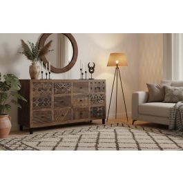 GINER Y COLOMER Buffet ou Meuble de Rangement en Bois de Mango Massif 160 cm, Taille Main, Design à Motifs Géométriques Étniques, Pieds en Fer Noir