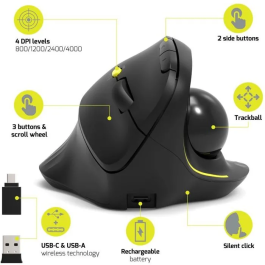 Port Designs 900719 TRACKBALL ERGO Souris ergonomique sans fil trackball Bluetooth et 2.4 GHz, rechargeable, 5 boutons avec molette, noir