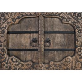 GINER Y COLOMER Buffet 4 portes en bois de manguier massif, fabriqué à la main, portes sculptées motifs floraux avec ferrures et poignées en fer vieilli, couleur marron