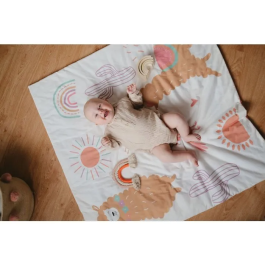 Tineo - Tapis de jeu nomade bébé 100 x 100 cm en jersey de coton, motif alpagas coloré, avec poignée de transport intégrée