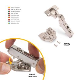 Emuca Lot de 20 charnières coudées X91 à fermeture amortie et embases euro, Hauteur 0, Acier, nickelé