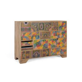 GINER Y COLOMER Commode en bois de manguier avec 14 tiroirs peints à la main, motifs géométriques et floraux, finition naturelle, 120 x 40 x 91 cm