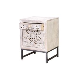 GINER Y COLOMER - Table de chevet ou table d'appoint avec 1 porte et 1 tiroir en bois de manguier massif et pieds métal, finition blanc vieilli et gris, 56 x 40 x 35 cm