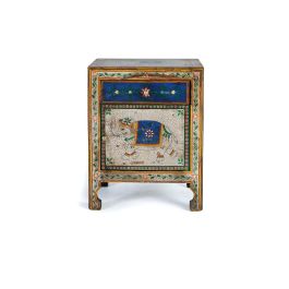 GINER Y COLOMER - Table de nuit en bois de manguier multicolore, 1 porte et 1 tiroir, peinture à la main, 60x46x34 cm
