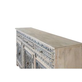 GINER Y COLOMER Buffet blanc et bleu avec 3 tiroirs et 4 portes en bois de manguier massif, finition lavée, artisanat sculpté, dimensions: 50 cm de large