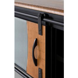 GINER Y COLOMER - Meuble TV industriel en bois de manguier et métal, 1 porte coulissante, couleur naturel et noir, 160x50x40 cm