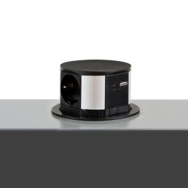 Emuca Multiconnecteur Vertikal Push diamètre 100mm, 3 prises de type Schuko, 1 USB type A, 1 USB type C, Acier et Plastique, Peint en noir