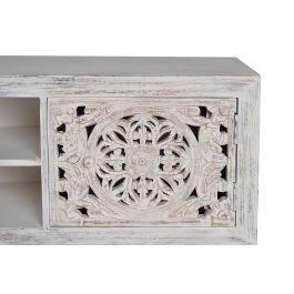 GINER Y COLOMER Meuble TV en bois de manguier sculpté et métal, blanc, 2 portes, étagère centrale, 55 x 170 x 40 cm