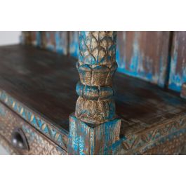 GINER Y COLOMER Étagère en bois de mango bleu vieilli 180 cm - Meuble artisanal à finition patinée, sculpture à la main