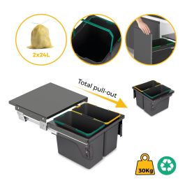 Emuca Bac de tri sélectif pour montage latéral sur meuble de cuisine Recycle 2x24litres, Acier, Plastique gris anthracite