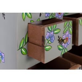 GINER Y COLOMER Commode en Mango Massif Peinte à la Main, 9 tiroirs, 70.5x31x60.5 cm, Finition Vert Gris et Motif Floral