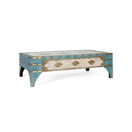 GINER Y COLOMER Table basse en bois de manguier vieilli bleu et blanc, dessus en verre transparent, design rustique artisanal, 150 x 90 x 46 cm