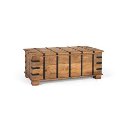 GINER Y COLOMER - Table coffre en bois de manguier massif avec finition naturelle et détails en fer noir, plateau relevable et grand rangement