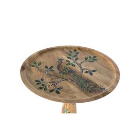 GINER Y COLOMER Table d'appoint ronde en bois de manguier avec détails peints à la main - Dessus floral artisanal, base tournée - Hauteur 57 cm