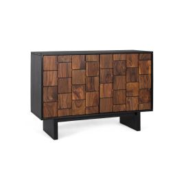 GINER Y COLOMER Buffet 2 portes avec motifs géométriques en bois de Sheesam et de manguier, finition wengué et noyer - 108x40x75 cm