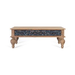 GINER Y COLOMER - Table de salon en teck massif, finition bicolore naturel et bleu, panneau avant sculpté à la main avec motif floral, pieds tournés, style vintage Precio: 923.988. SKU: B1626PESTH