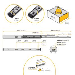 Emuca Lot de 5 jeux de Coulisses pour tiroirs, roulement à billes, hauteur 45mm, profondeur 600mm, sortie totale, fermeture amortie, Noir