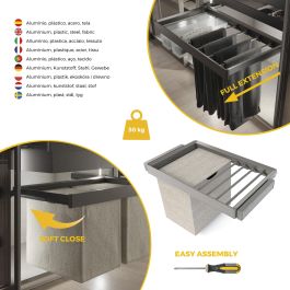 Emuca Kit de porte-pantalon à 7tringles, panier et rack ajustable Quartz pour armoires, glissières extension totale et à fermeture douce, Module 80cm, Finition Titane