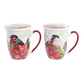 Tasse à infusion DKD Home Decor Oiseau Porcelaine Rouge Vert (380 ml) (2 Unités)