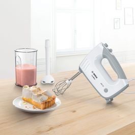 Bosch MFQ364V0 ErgoMixx - Batteur Mélangeur 3-en-1 avec Système de Mise sous Vide, 450 W, 5 Vitesses + Turbo, Accessoires Inox, Blanc/Gris
