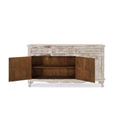 GINER Y COLOMER - Buffet en bois de manguier massif, finition blanc craquelé vieilli, 3 portes sculptées à la main, 175x95x44 cm