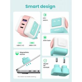 Ugreen RG 65W 3-Port GaN Chargeur Rapide pour Ordinateur Portable, Tablette, Téléphone - Rose et Bleu