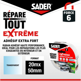 SADER Ruban adhésif extra fort Réparateur Extreme Transparent 20 m x 50 mm pour intérieur et extérieur sur toutes surfaces