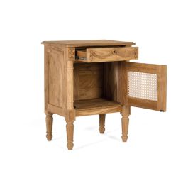 GINER Y COLOMER - Meuble de chevet ou table d'appoint en teck massif - Style rustique/provençal avec tiroir décoratif et porte en canne tressée - Finition naturelle - 50x35x65 cm