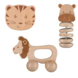 BEBECONFORT Coffret Cadeau D'eveil Jouet En Bois :Jouet A Rouler Lion +  Hochet Grelot Tigre + Hochet Gling-Gling - Hippo
