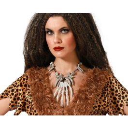 Collier avec mains squelettiques, os et canines en pierre grise pour tenue préhistorique et carnaval - Accessoire de déguisement tribal