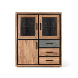 Giner y Colomer Buffet en bois d'acacia massif avec éclairage LED, 3 portes et 3 tiroirs, ameublement de rangement 110 cm