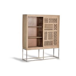 GINER Y COLOMER - Vitrine 2 portes coulissantes en bois de teck avec structure métallique - Couleur naturelle - Dimensions : 140 x 40 x 170 cm