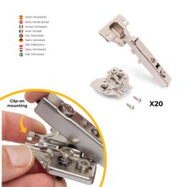 Emuca Lot de 20 charnières droites X92N et embases de montage mixtes, Diamètre 5x9.5mm, Hauteur 0, Acier, Nickelé