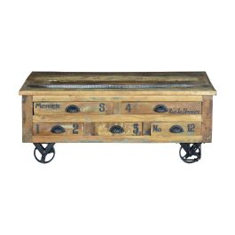 Table basse en bois recyclé avec 5 tiroirs et roulettes en métal multicolore - 110 x 70 x 42 cm