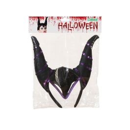 Diadème à cornes longues noires avec paillettes violettes pour costume Halloween et fantaisie, thème mystique et sombre
