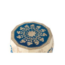 GINER Y COLOMER - Tabouret en bois de manguier style ethnique peint à la main avec motifs floraux bleus