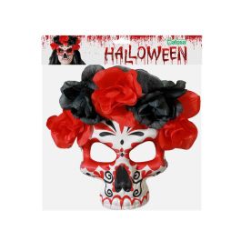 Masque de crâne Calavera rouge et noir avec fleurs pour Jour des morts