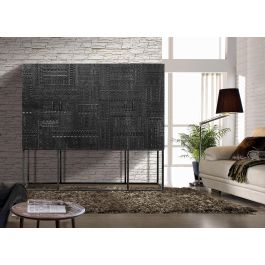 GINER Y COLOMER Buffet 4 portes en bois de manguier massif avec hiéroglyphe sculpté main, pates métal noir, noyer foncé