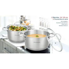Set de 2 marmites - Tous feux dont induction - ARTHUR MARTIN - AM0155 - Acier inoxydable - Ø 24-28 cm + couvercle en verre - Inox