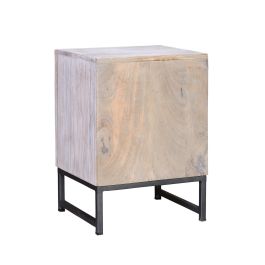GINER Y COLOMER - Table de chevet ou table d'appoint avec 1 porte et 1 tiroir en bois de manguier massif et pieds métal, finition blanc vieilli et gris, 56 x 40 x 35 cm