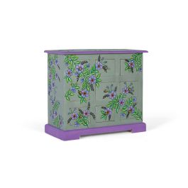 GINER Y COLOMER Commode en Mango Massif Peinte à la Main, 9 tiroirs, 70.5x31x60.5 cm, Finition Vert Gris et Motif Floral